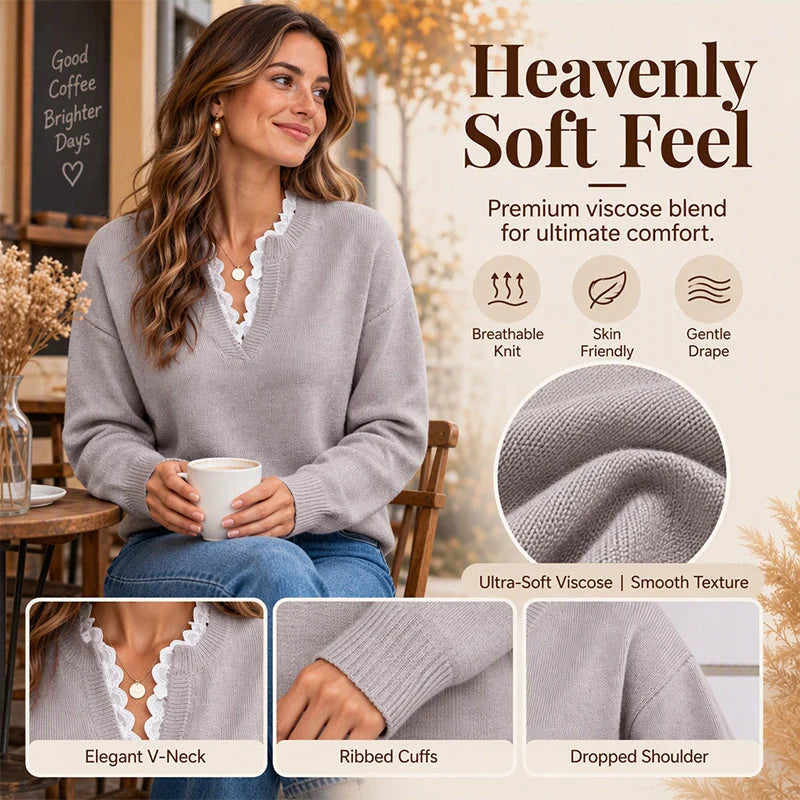 Women's Lace Trim V-Neck Knit Jumper