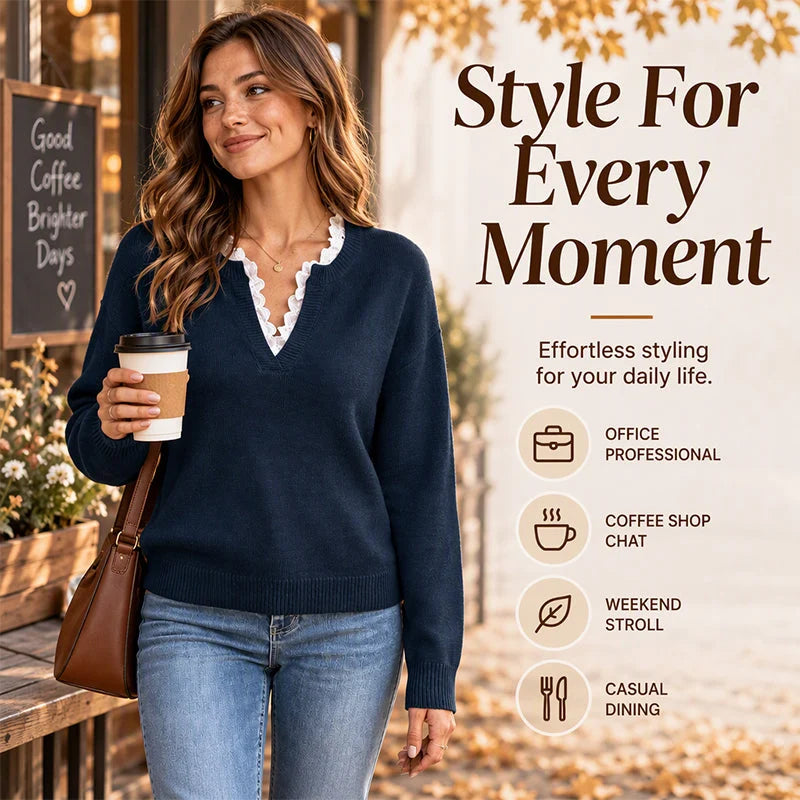 Women's Lace Trim V-Neck Knit Jumper