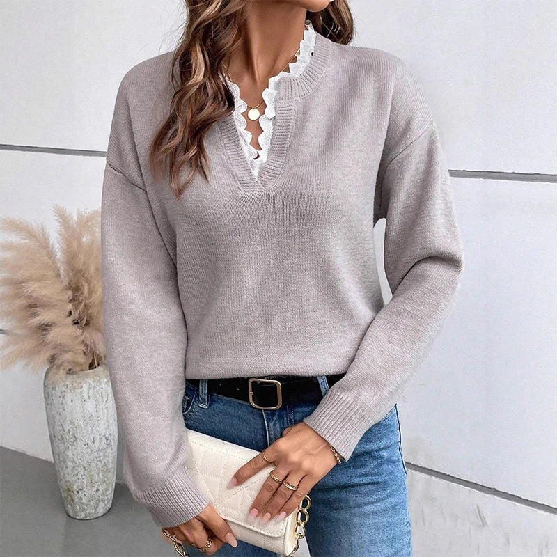 Women's Lace Trim V-Neck Knit Jumper