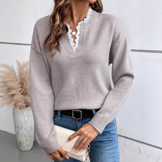 Women's Lace Trim V-Neck Knit Jumper
