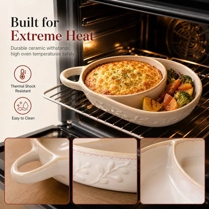 Elegant Retro Ceramic Divided Baking Dish with Handle