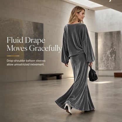 Women's Velvet V-Neck Top & Maxi Skirt Set