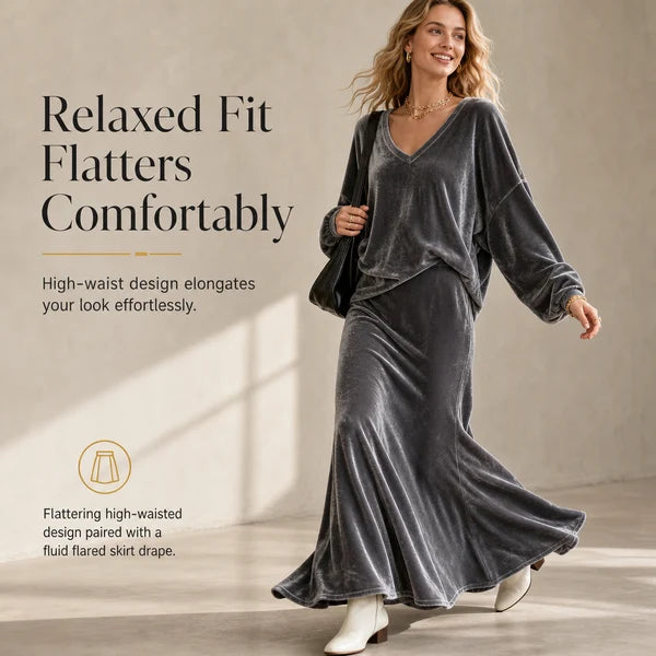 Women's Velvet V-Neck Top & Maxi Skirt Set