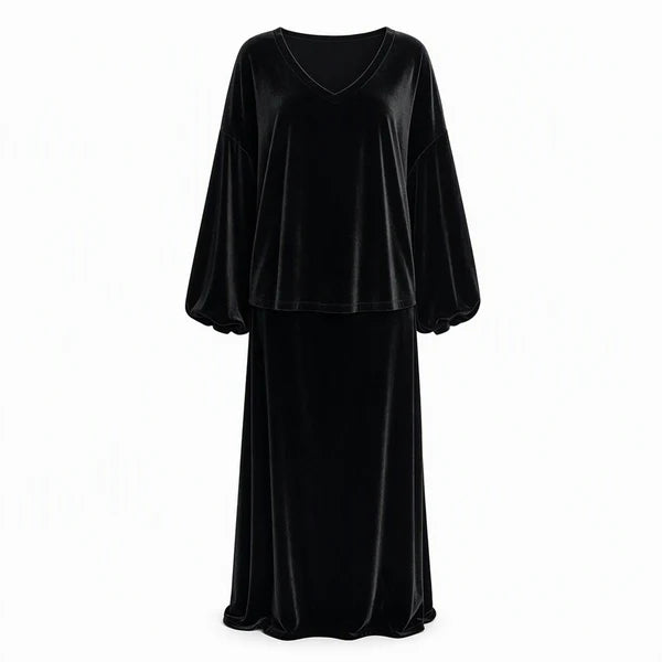 Women's Velvet V-Neck Top & Maxi Skirt Set