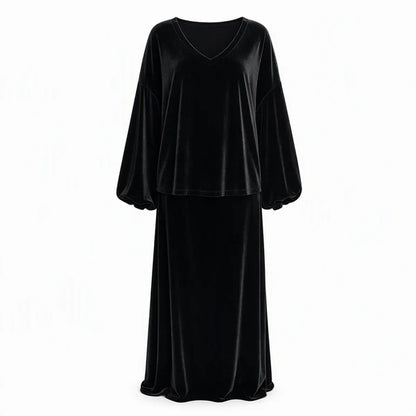 Women's Velvet V-Neck Top & Maxi Skirt Set