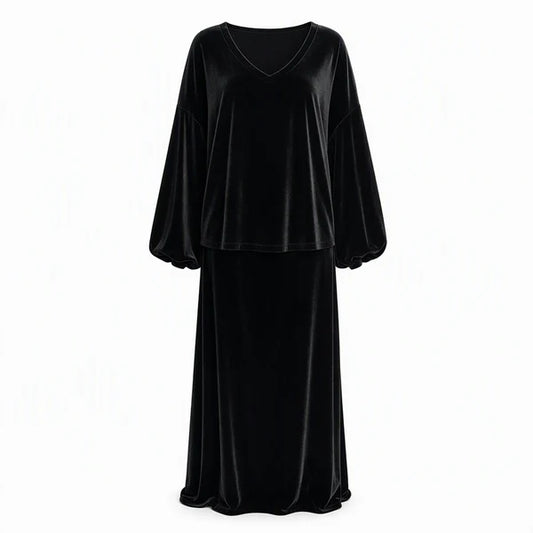 Women's Velvet V-Neck Top & Maxi Skirt Set