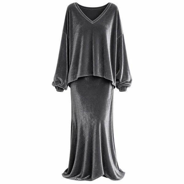Women's Velvet V-Neck Top & Maxi Skirt Set