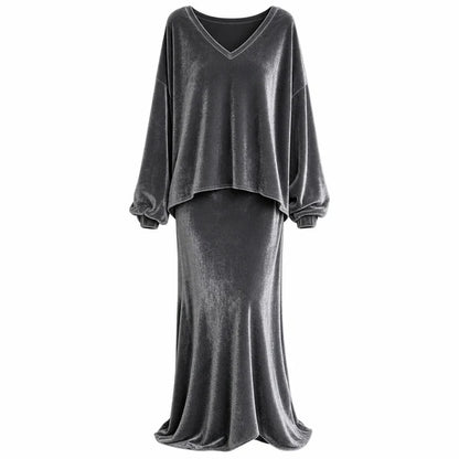 Women's Velvet V-Neck Top & Maxi Skirt Set