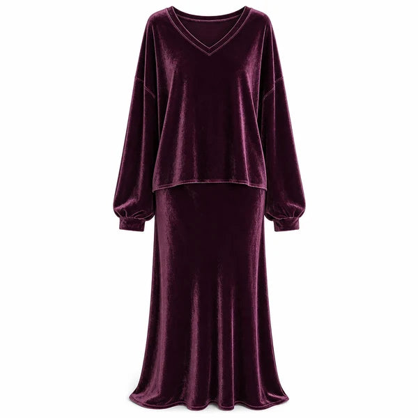 Women's Velvet V-Neck Top & Maxi Skirt Set