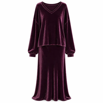 Women's Velvet V-Neck Top & Maxi Skirt Set
