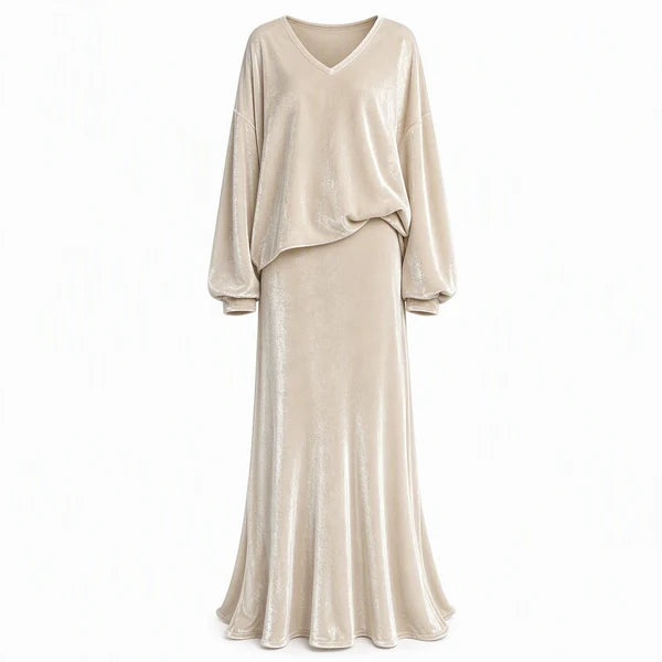 Women's Velvet V-Neck Top & Maxi Skirt Set