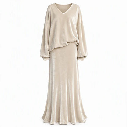 Women's Velvet V-Neck Top & Maxi Skirt Set