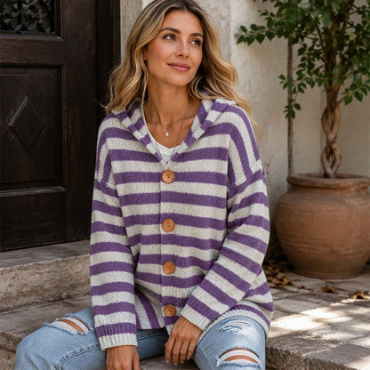 Women's Striped Hooded Button-Up Cardigan