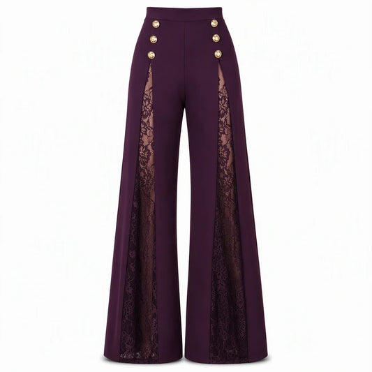 Women's High-Waisted Lace Panel Wide-Leg Trousers