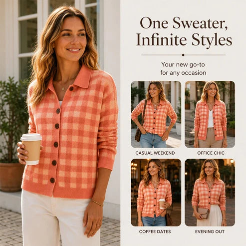 Women's Checked Collared Knit Cardigan