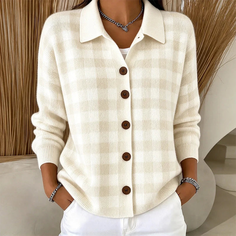 Women's Checked Collared Knit Cardigan