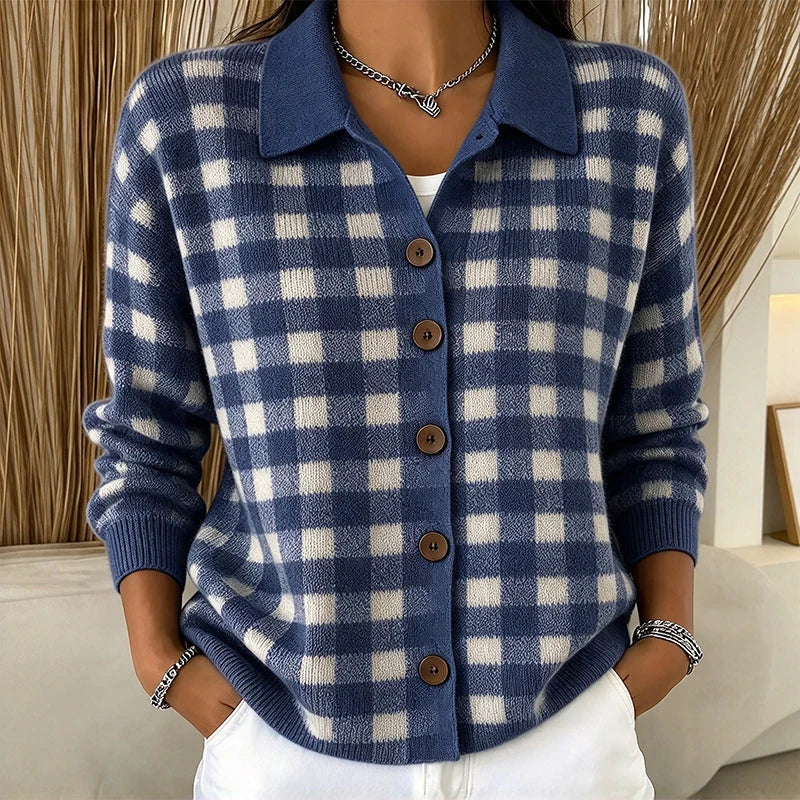 Women's Checked Collared Knit Cardigan