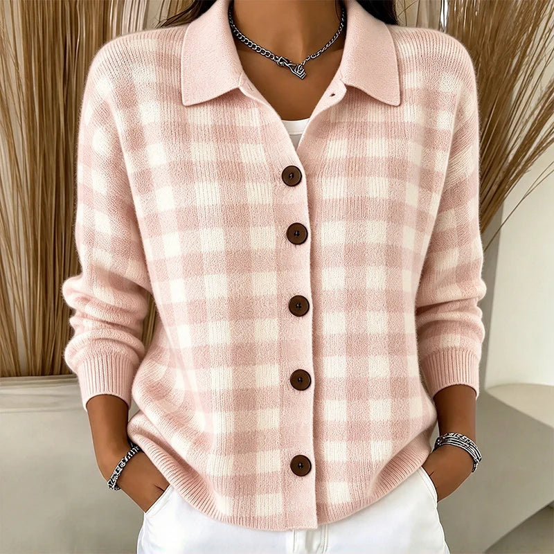 Women's Checked Collared Knit Cardigan