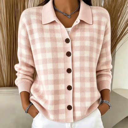 Women's Checked Collared Knit Cardigan