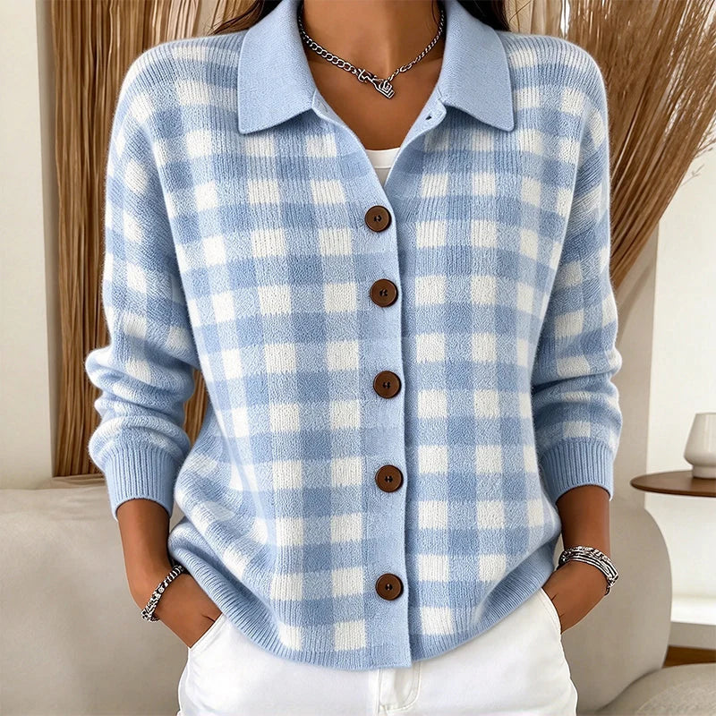 Women's Checked Collared Knit Cardigan