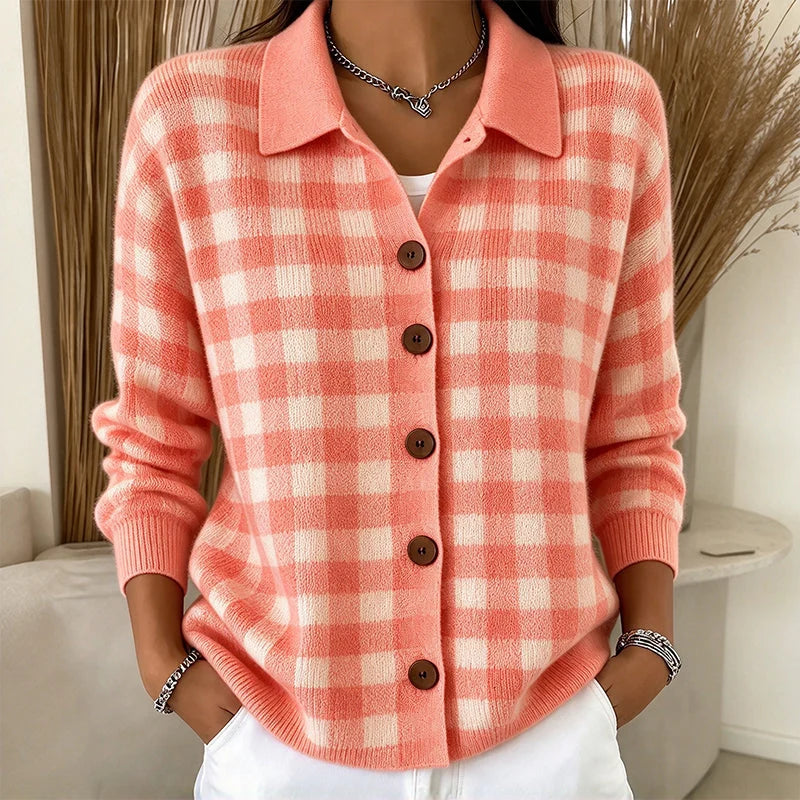 Women's Checked Collared Knit Cardigan