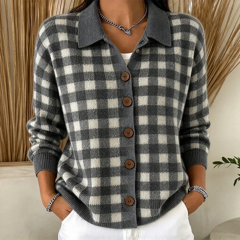 Women's Checked Collared Knit Cardigan