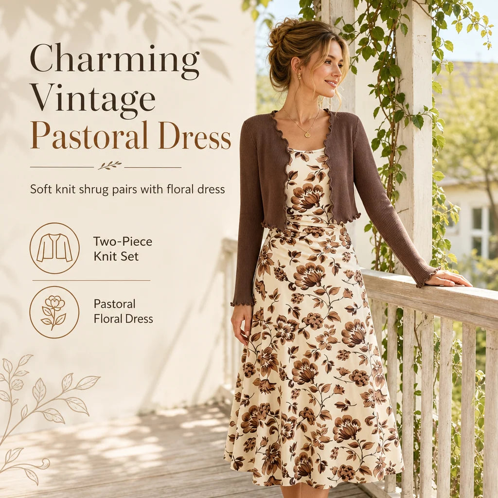 Women's Vintage Floral Dress & Cropped Cardigan Set