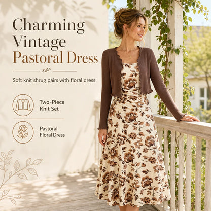 Women's Vintage Floral Dress & Cropped Cardigan Set