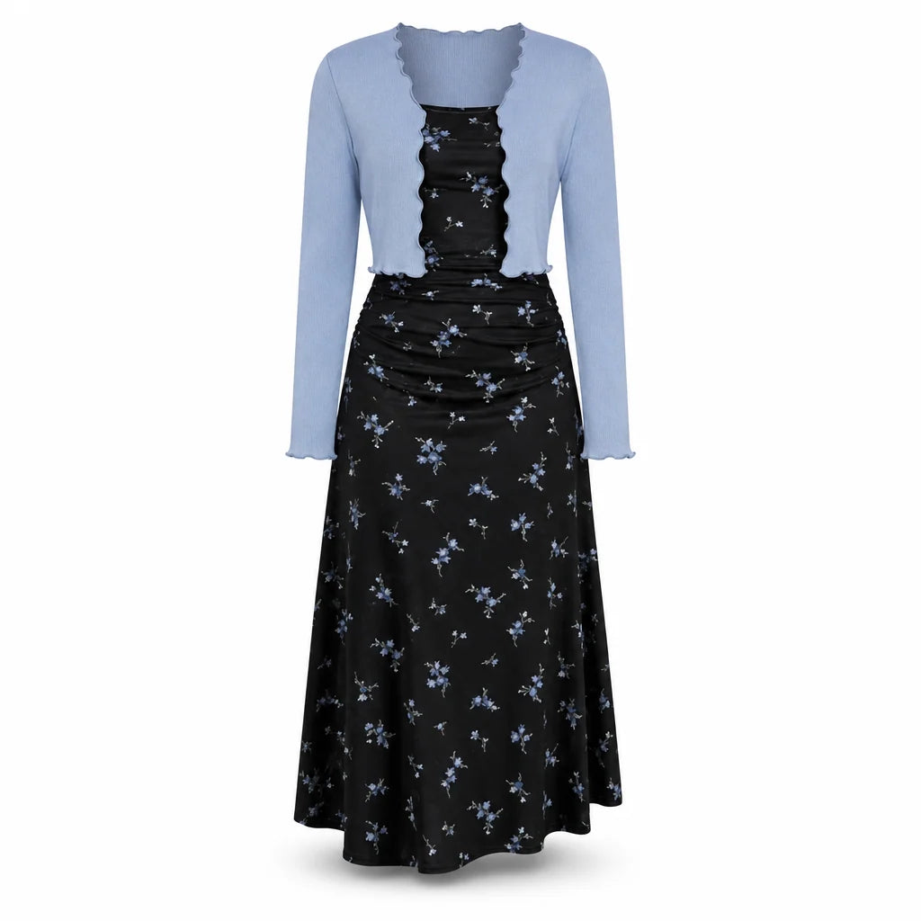 Women's Vintage Floral Dress & Cropped Cardigan Set