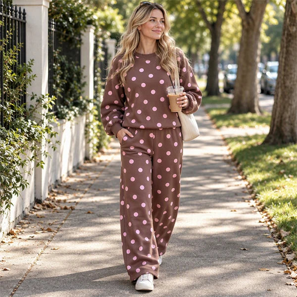 Women's Polka Dot Sweatshirt & Wide-Leg Trousers Set