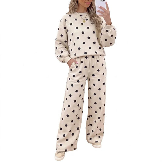 Women's Polka Dot Sweatshirt & Wide-Leg Trousers Set