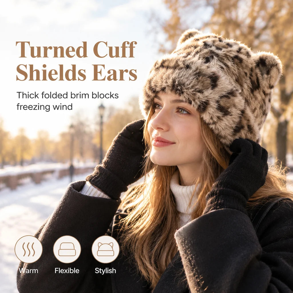 Women's Fluffy Faux Fur Bear Ear Beanie