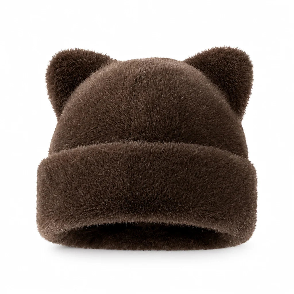Women's Fluffy Faux Fur Bear Ear Beanie