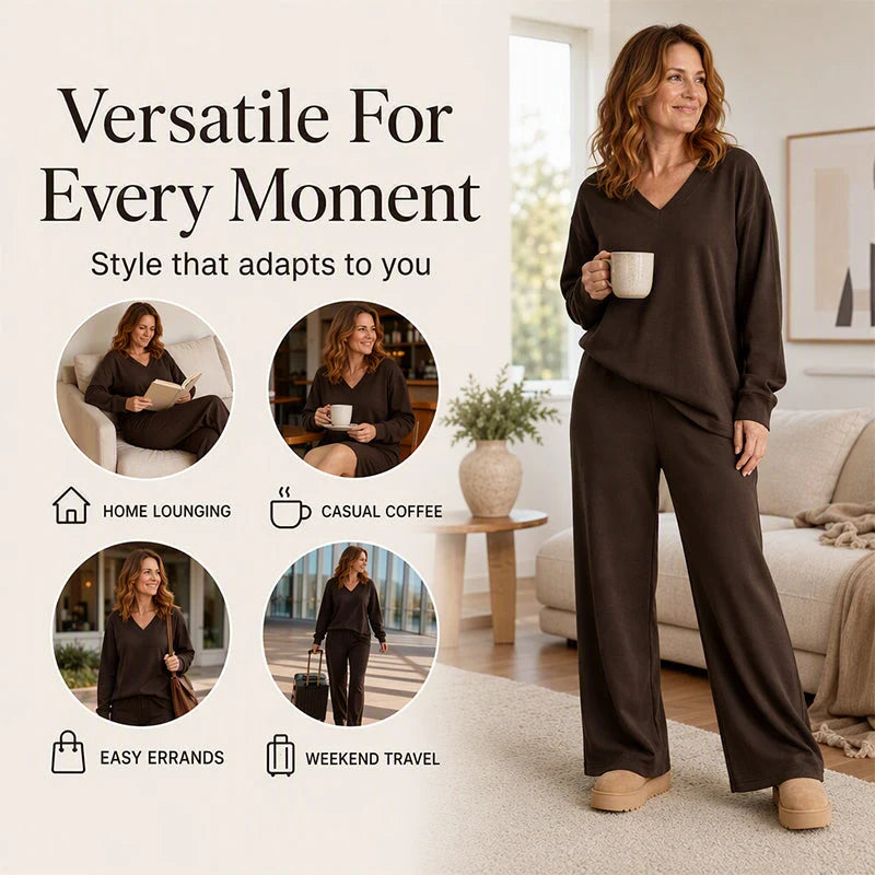 Women's Relaxed V-Neck Sweatshirt & Wide-Leg Trousers Set