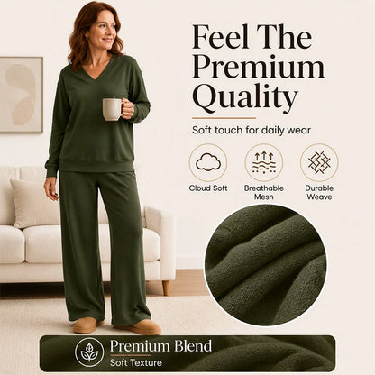 Women's Relaxed V-Neck Sweatshirt & Wide-Leg Trousers Set