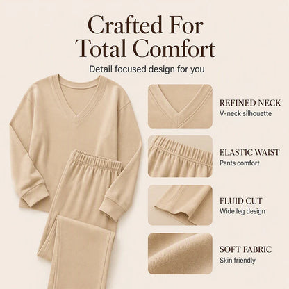 Women's Relaxed V-Neck Sweatshirt & Wide-Leg Trousers Set