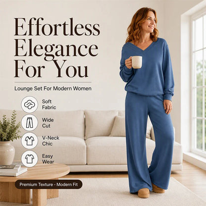 Women's Relaxed V-Neck Sweatshirt & Wide-Leg Trousers Set