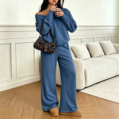 Women's Relaxed V-Neck Sweatshirt & Wide-Leg Trousers Set
