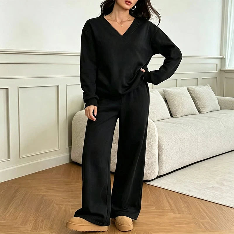 Women's Relaxed V-Neck Sweatshirt & Wide-Leg Trousers Set