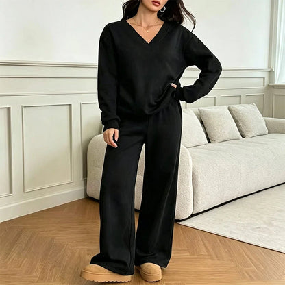 Women's Relaxed V-Neck Sweatshirt & Wide-Leg Trousers Set