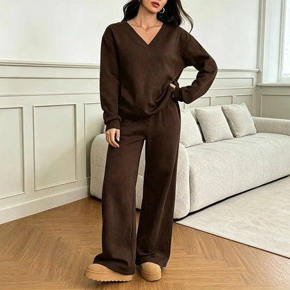 Women's Relaxed V-Neck Sweatshirt & Wide-Leg Trousers Set