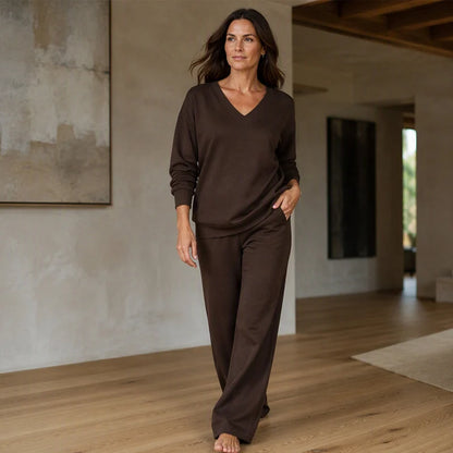Women's Relaxed V-Neck Sweatshirt & Wide-Leg Trousers Set