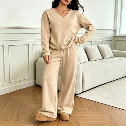 Women's Relaxed V-Neck Sweatshirt & Wide-Leg Trousers Set