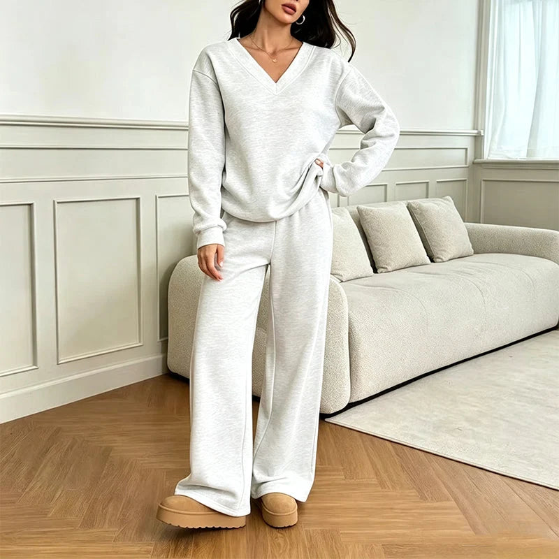 Women's Relaxed V-Neck Sweatshirt & Wide-Leg Trousers Set