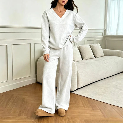 Women's Relaxed V-Neck Sweatshirt & Wide-Leg Trousers Set