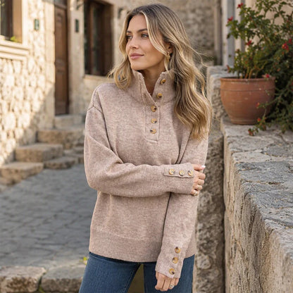 Women's Elegant Button Detail High Neck Knit Jumper