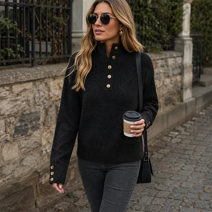 Women's Elegant Button Detail High Neck Knit Jumper