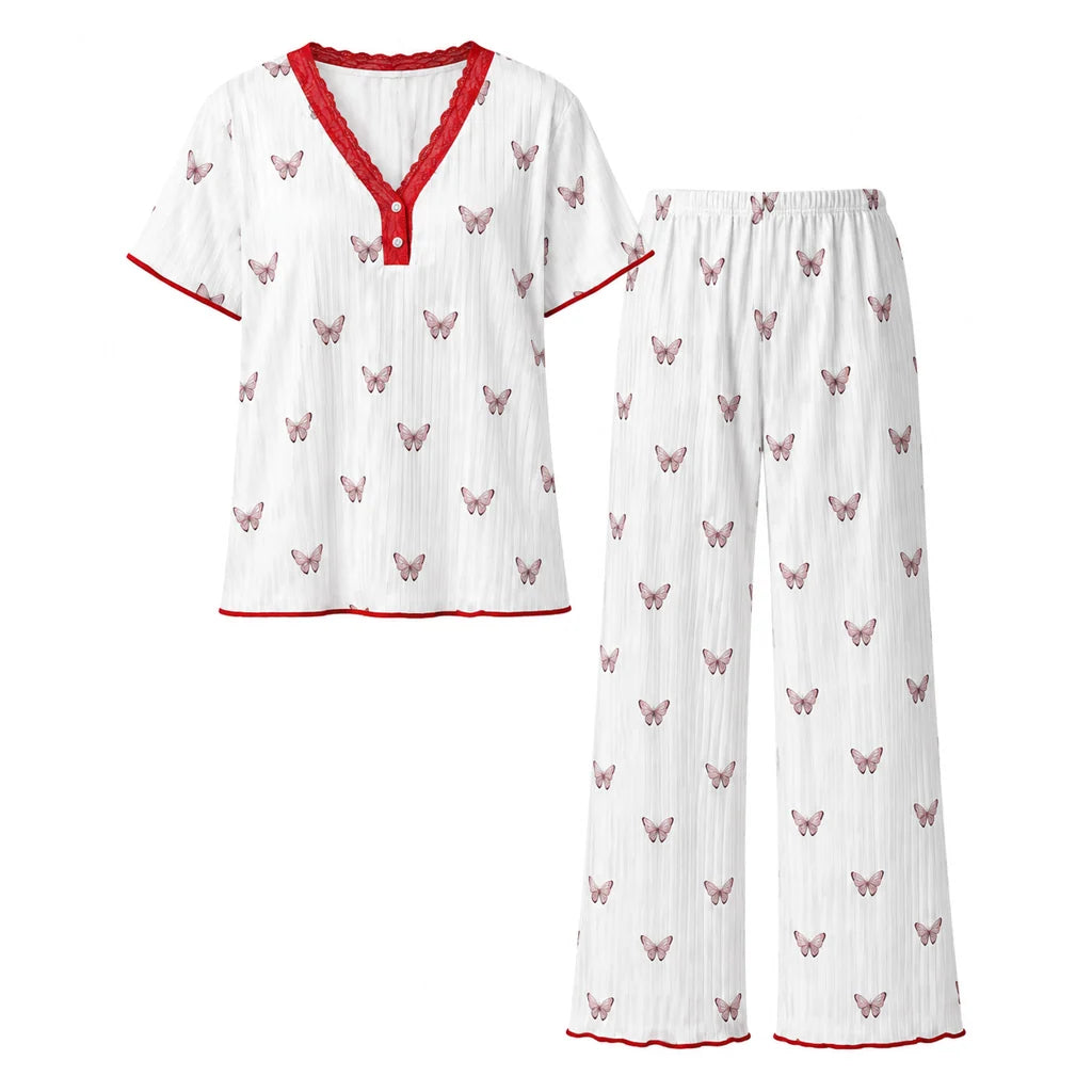 Women's Delicate Butterfly Print Ribbed Pyjama Set