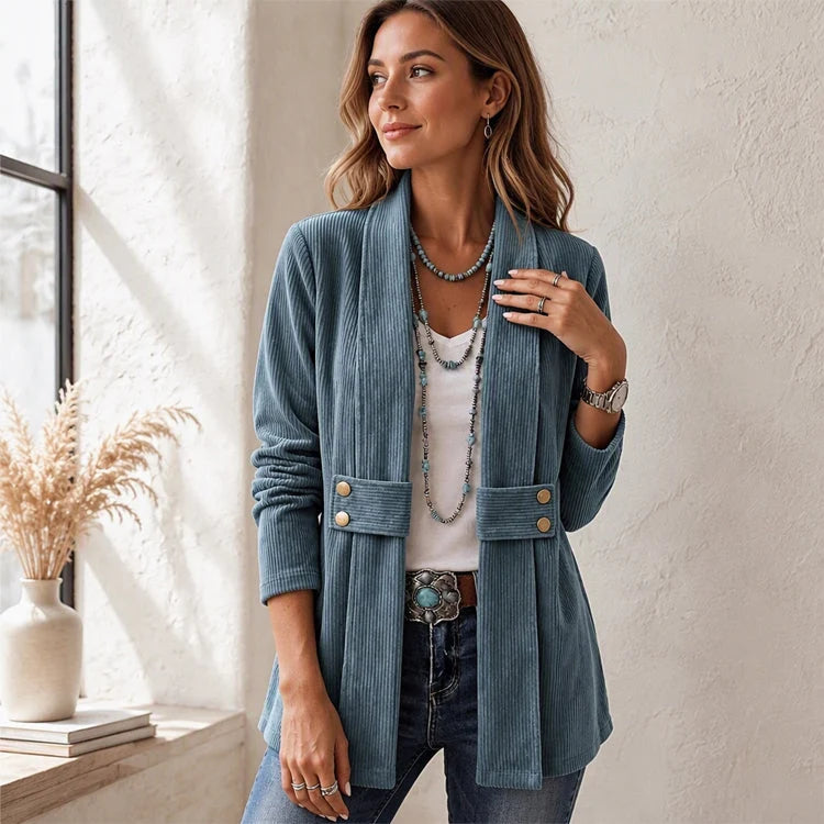Women's Elegant Ribbed Open Front Jacket with Button Details