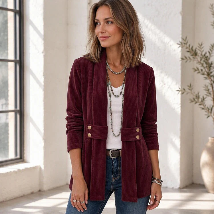 Women's Elegant Ribbed Open Front Jacket with Button Details